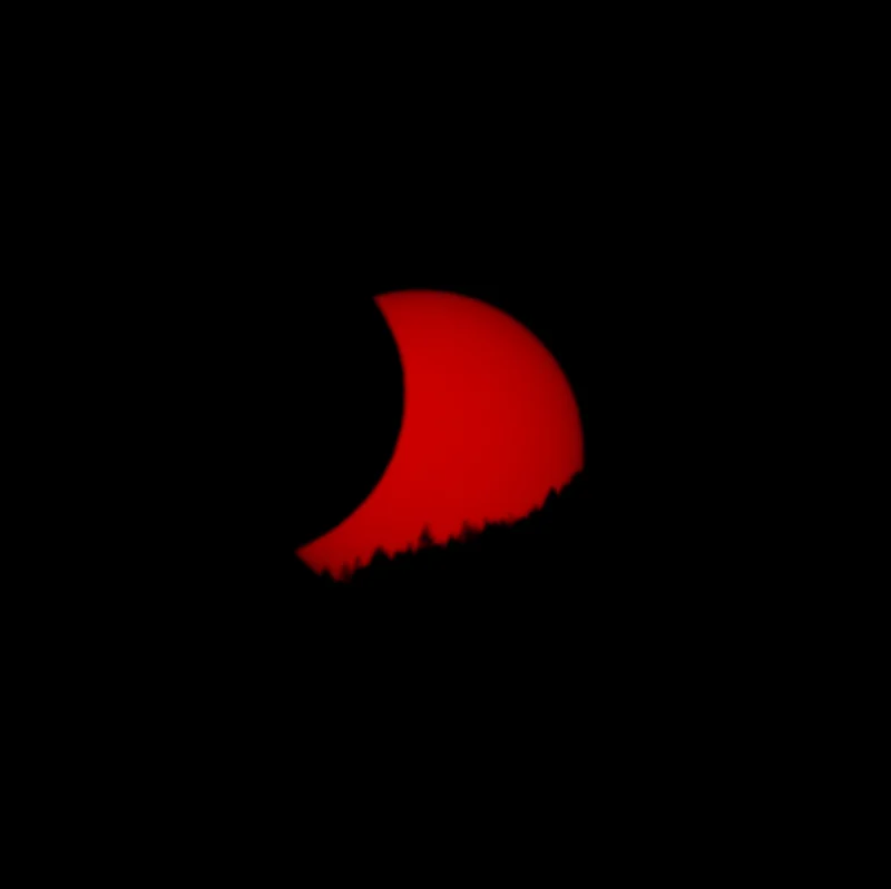Die partiell verfinsterte Sonne, tiefrot in der dichten Luft nahe dem Horizont, sinkt hinter eine Baumsilhouette.